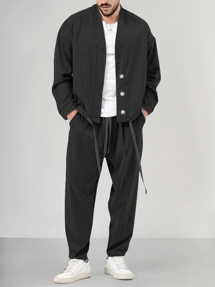 Herre Two-Piece Set Afslappet Overskjorte Bukser Sæt - Black
