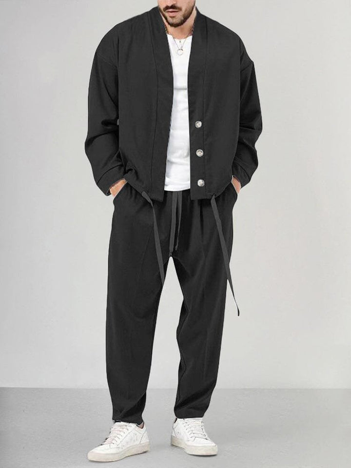 Herre Two-Piece Set Afslappet Overskjorte Bukser Sæt - Black