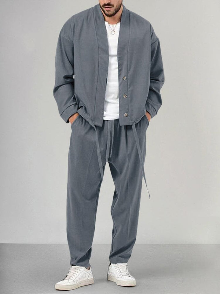 Herre Two-Piece Set Afslappet Overskjorte Bukser Sæt - Gray
