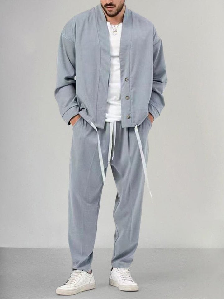 Herre Two-Piece Set Afslappet Overskjorte Bukser Sæt - Light Gray