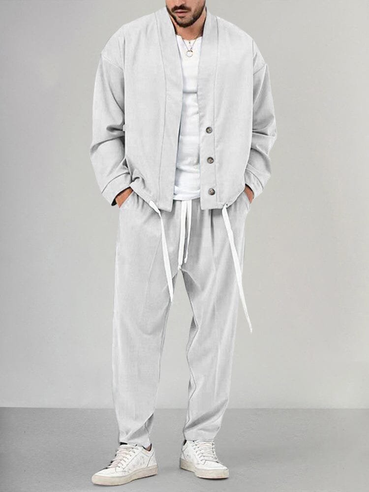 Herre Two-Piece Set Afslappet Overskjorte Bukser Sæt - White