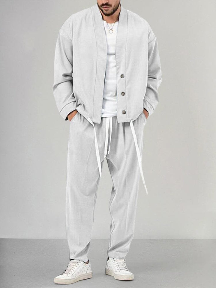 Herre Two-Piece Set Afslappet Overskjorte Bukser Sæt - White