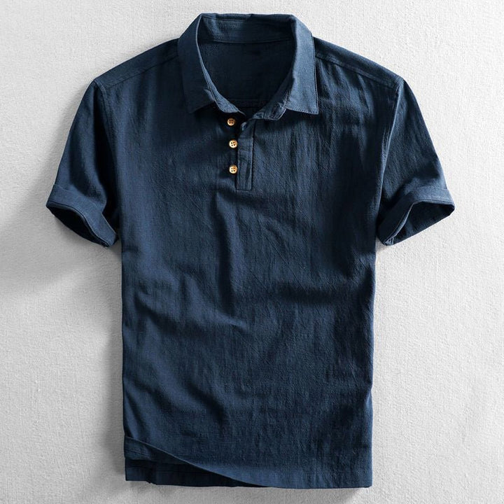 Herres Boho Kortærmet Linnedskjorte Regular Fit Polokrave - Dark Blue