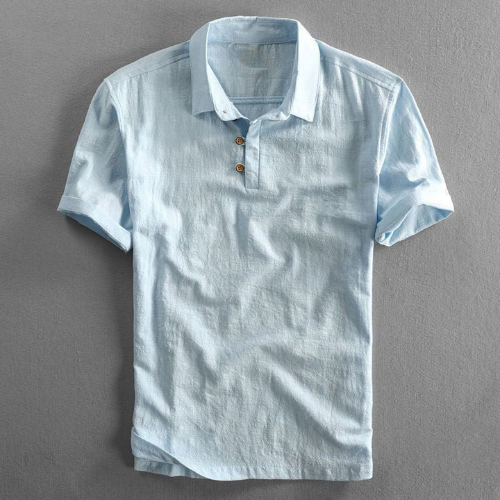Herres Boho Kortærmet Linnedskjorte Regular Fit Polokrave - Light Blue