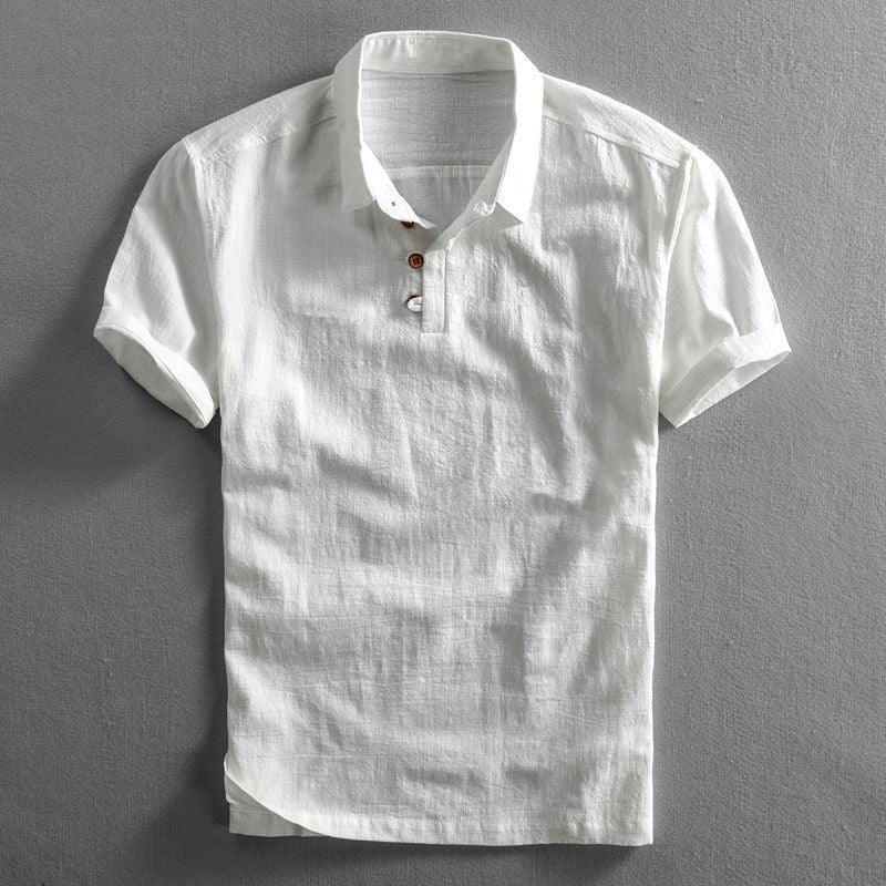 Herres Boho Kortærmet Linnedskjorte Regular Fit Polokrave - White