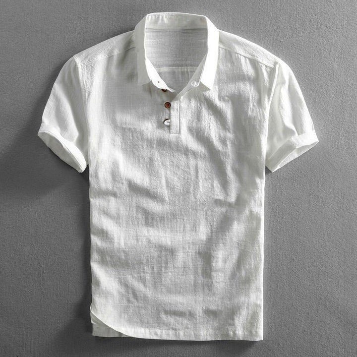 Herres Boho Kortærmet Linnedskjorte Regular Fit Polokrave - White