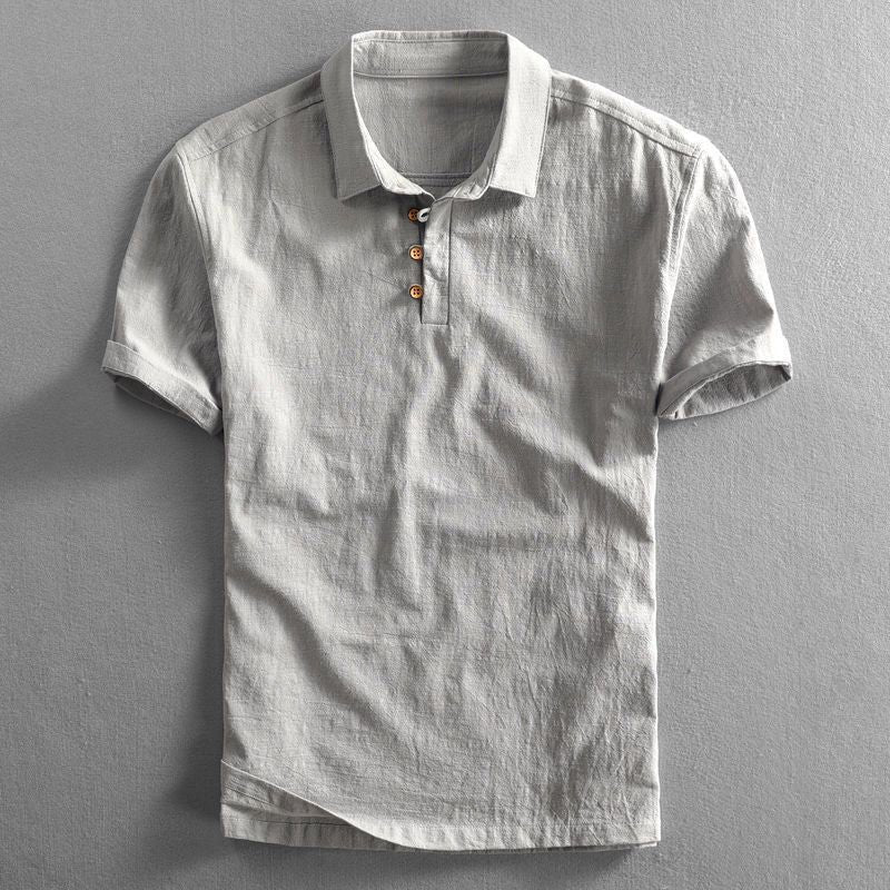 Herres Boho Kortærmet Linnedskjorte Regular Fit Polokrave - Gray