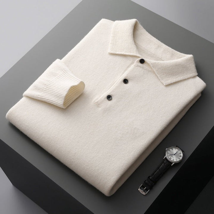 Herres Langærmet Regular-Fit Strikket Polo Sweater - White