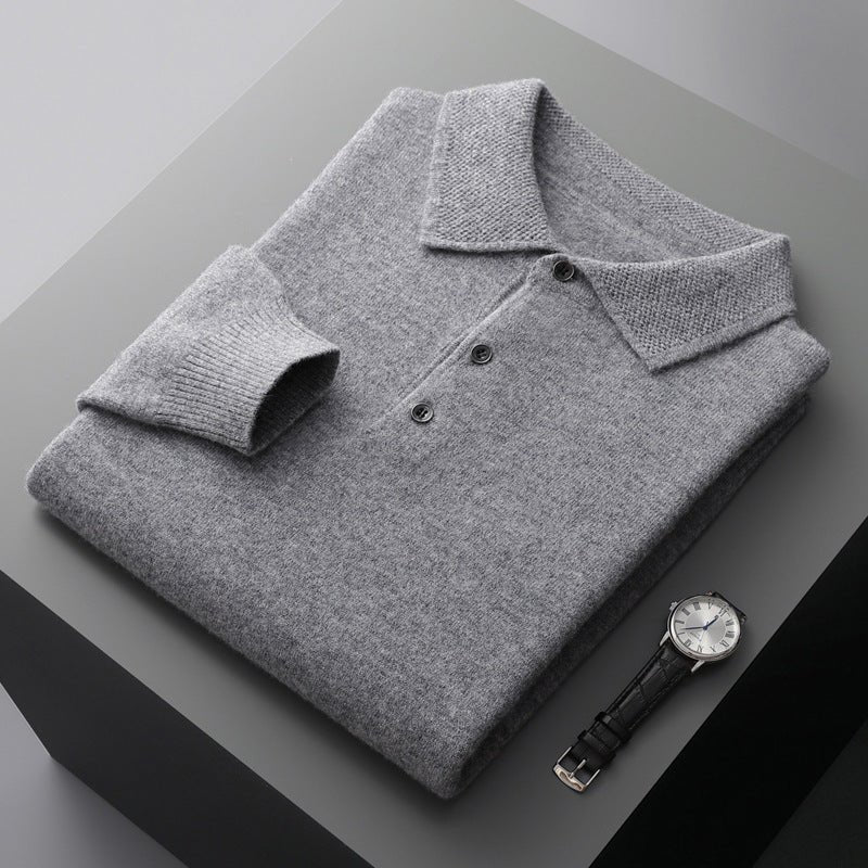 Herres Langærmet Regular-Fit Strikket Polo Sweater - Grey