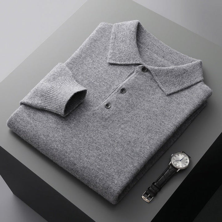 Herres Langærmet Regular-Fit Strikket Polo Sweater - Grey