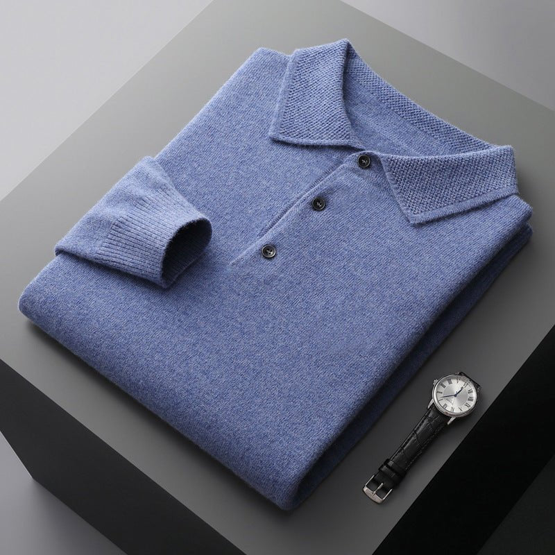 Herres Langærmet Regular-Fit Strikket Polo Sweater - Blue