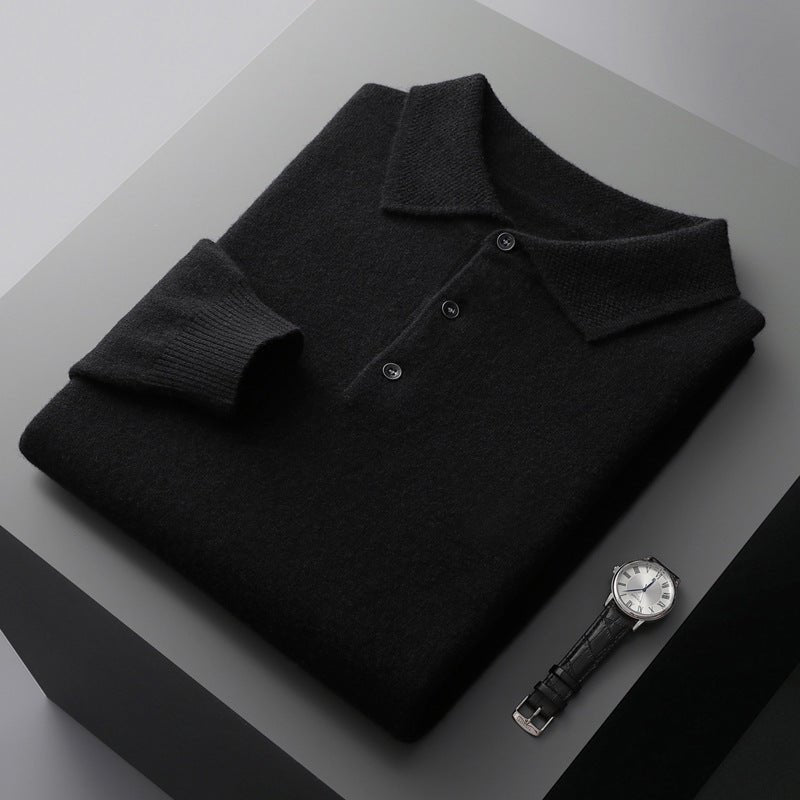 Herres Langærmet Regular-Fit Strikket Polo Sweater - Black