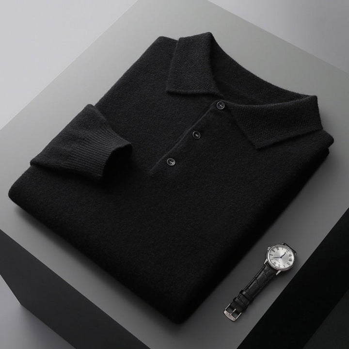 Herres Langærmet Regular-Fit Strikket Polo Sweater - Black