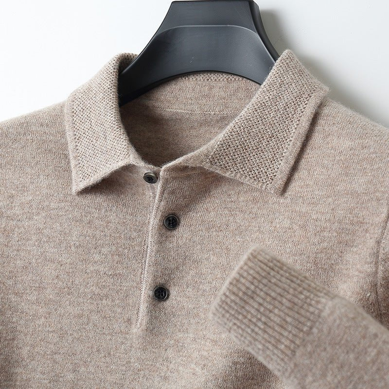 Herres Langærmet Regular-Fit Strikket Polo Sweater - Khaki