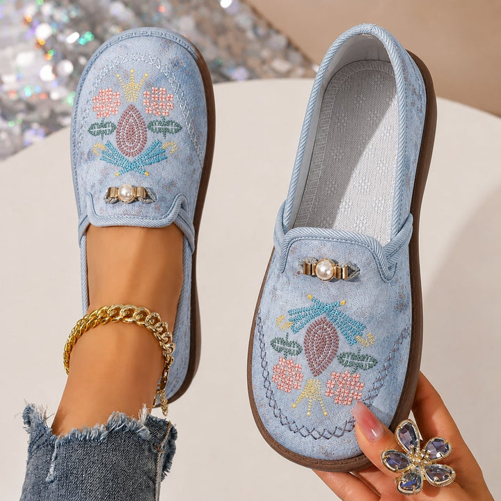 Kvinder Broderet Blomster Slip-On Loafers - Gray