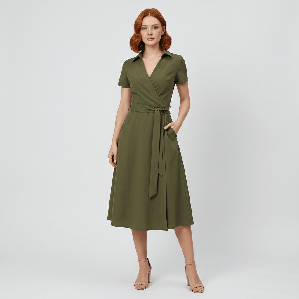 Kvinders A-linje Midi Kjole med V-udskæring Slå-om-stil og Taljebånd - Olive Green
