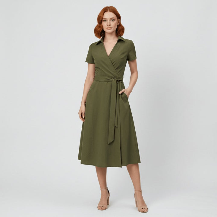 Kvinders A-linje Midi Kjole med V-udskæring Slå-om-stil og Taljebånd - Olive Green