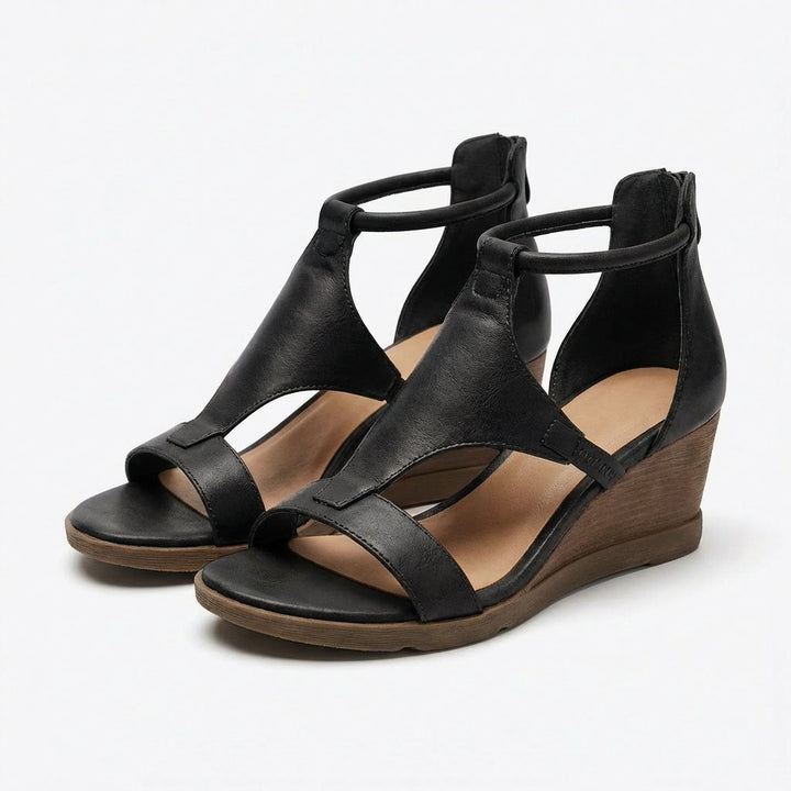 Kvinders Åben Tå Kilehæl Sandal med Ankelstrop - Negro
