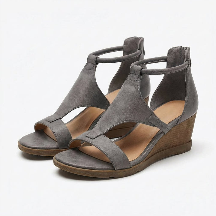 Kvinders Åben Tå Kilehæl Sandal med Ankelstrop - Gris