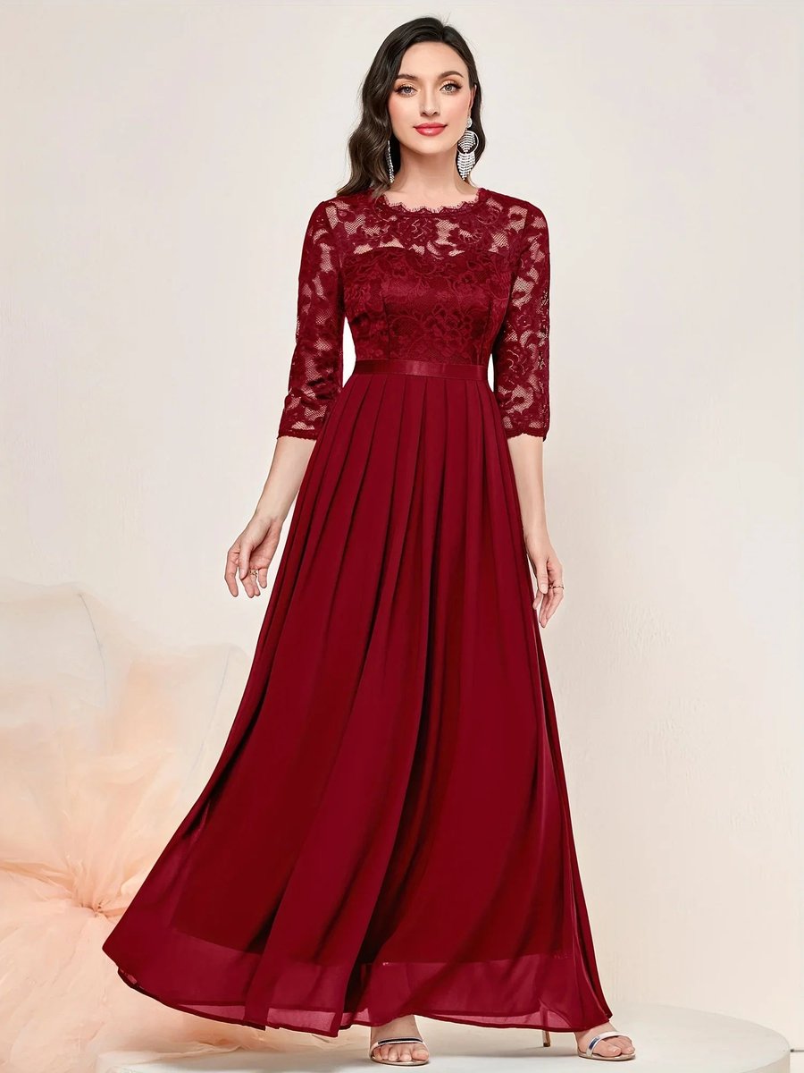 Kvinders Blondekjole Maxi Plisseret Ærme Formal Dresses Aften