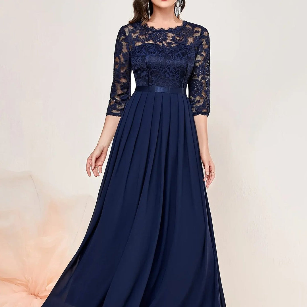 Kvinders Blondekjole Maxi Plisseret Ærme Formal Dresses Aften - Blå