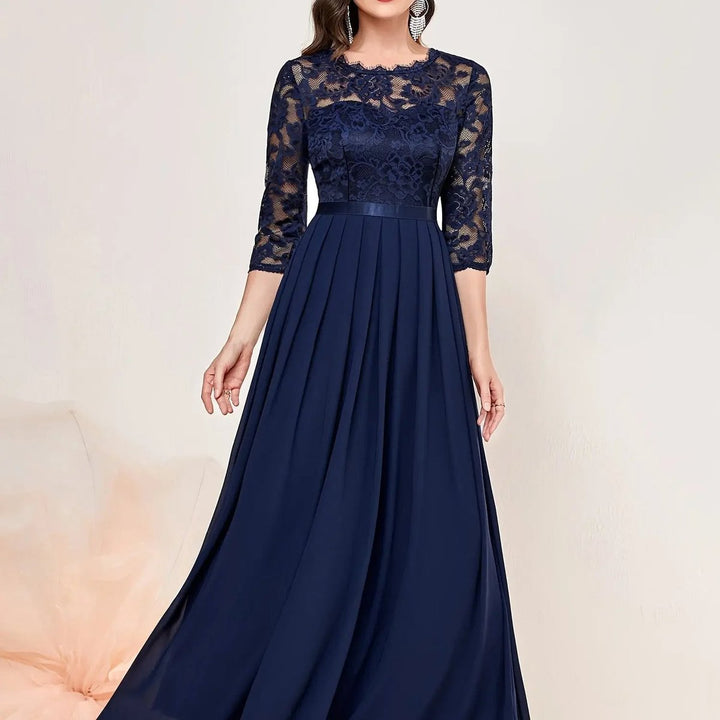 Kvinders Blondekjole Maxi Plisseret Ærme Formal Dresses Aften - Blå