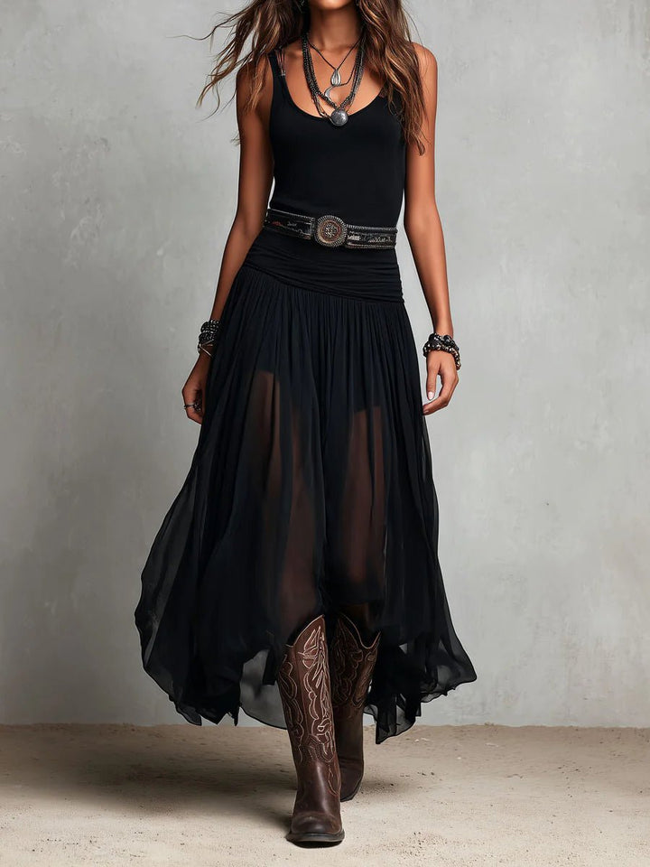 Kvinders Boho Maxi Kjole V-hals Transparent Tyllnederdel Bælte - Black