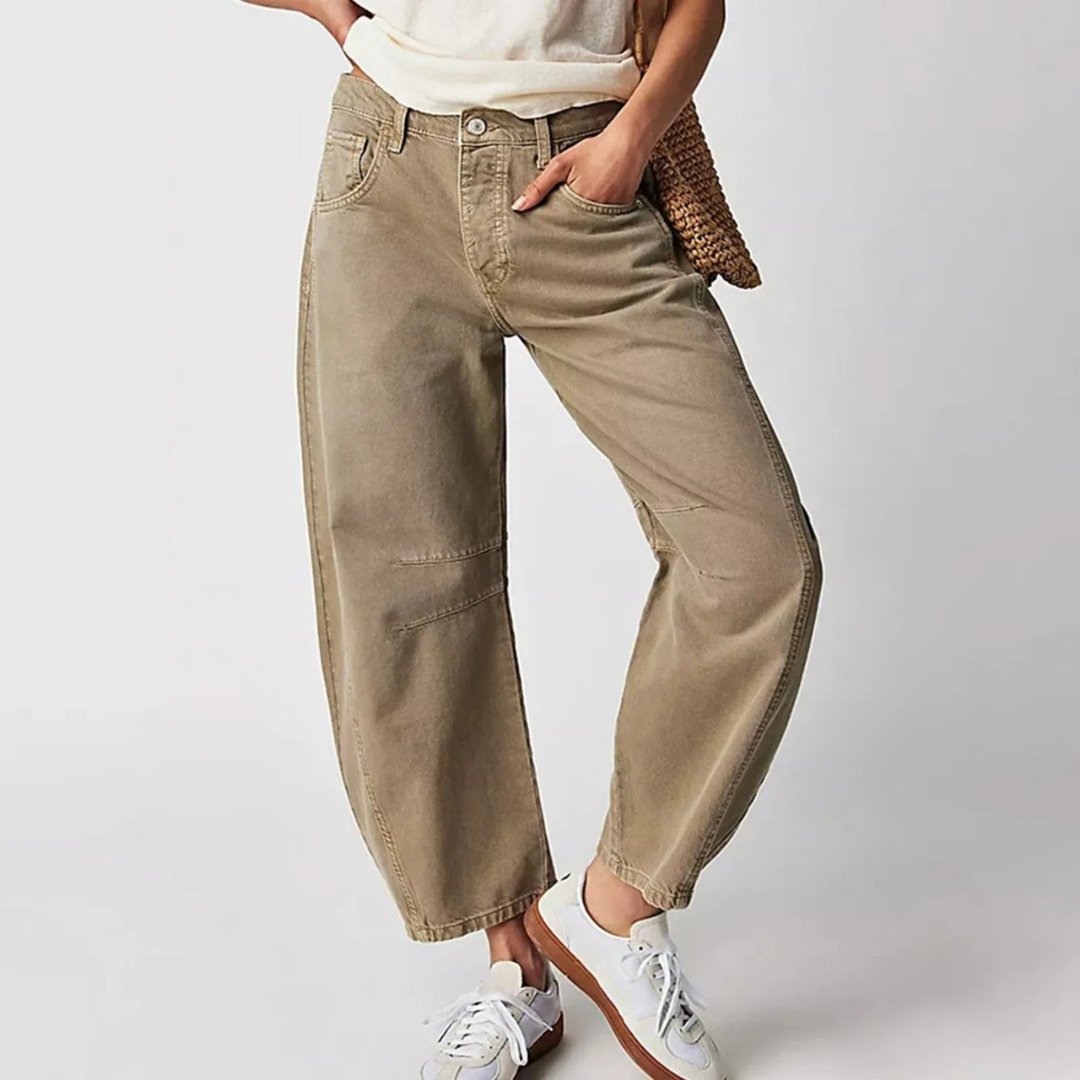 Kvinders Cropped Barrel Leg Denim Jeans Mid-Rise - Khaki