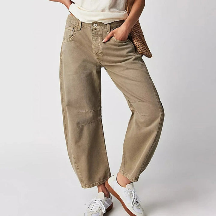 Kvinders Cropped Barrel Leg Denim Jeans Mid-Rise - Khaki