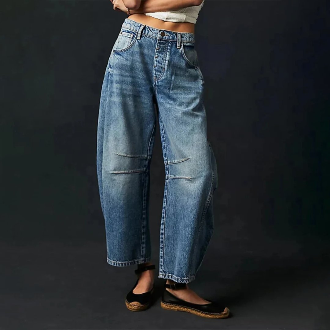 Kvinders Cropped Barrel Leg Denim Jeans Mid-Rise - Dark Blue