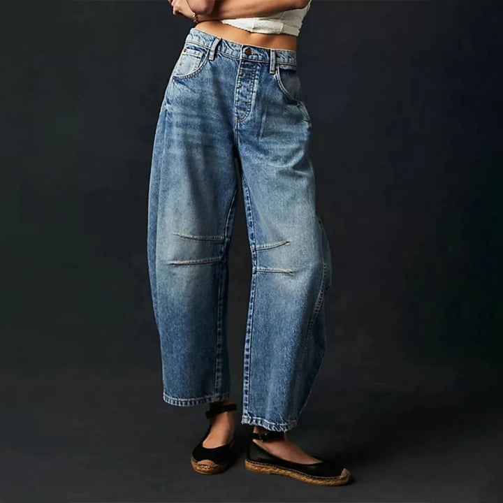 Kvinders Cropped Barrel Leg Denim Jeans Mid-Rise - Dark Blue