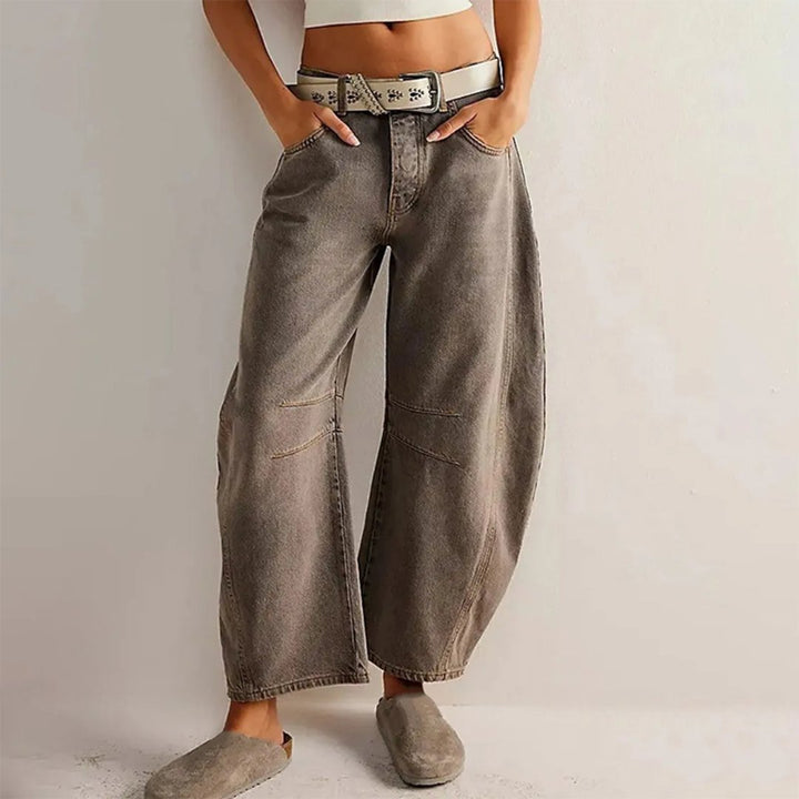 Kvinders Cropped Barrel Leg Denim Jeans Mid-Rise - Taupe