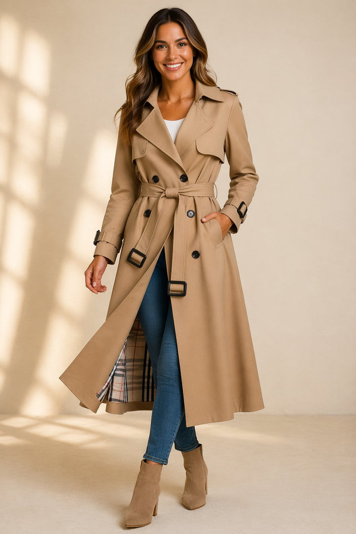 Kvinders Dobbeltknappet Bæltet Trenchcoat Lang - Beige