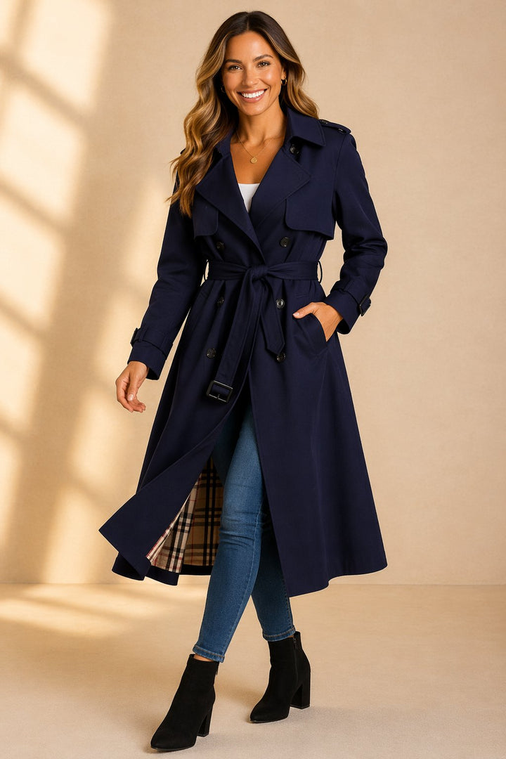 Kvinders Dobbeltknappet Bæltet Trenchcoat Lang - Navy