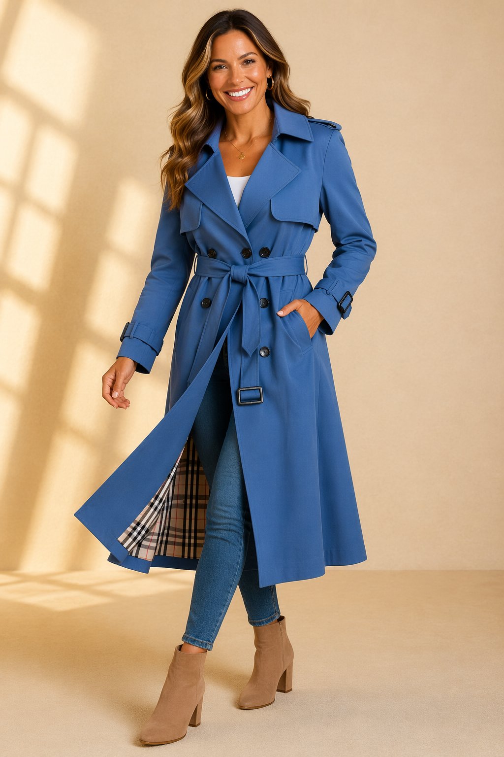 Kvinders Dobbeltknappet Bæltet Trenchcoat Lang - Blue