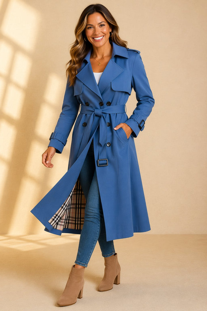 Kvinders Dobbeltknappet Bæltet Trenchcoat Lang - Blue