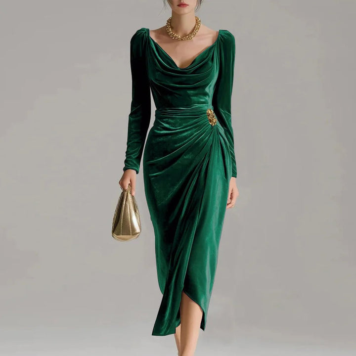 Kvinders Elegant Fløjl Midi Formal Dress Cowl-Neck Langærmet - Grøn