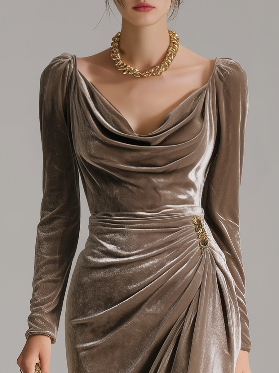 Kvinders Elegant Fløjl Midi Formal Dress Cowl-Neck Langærmet