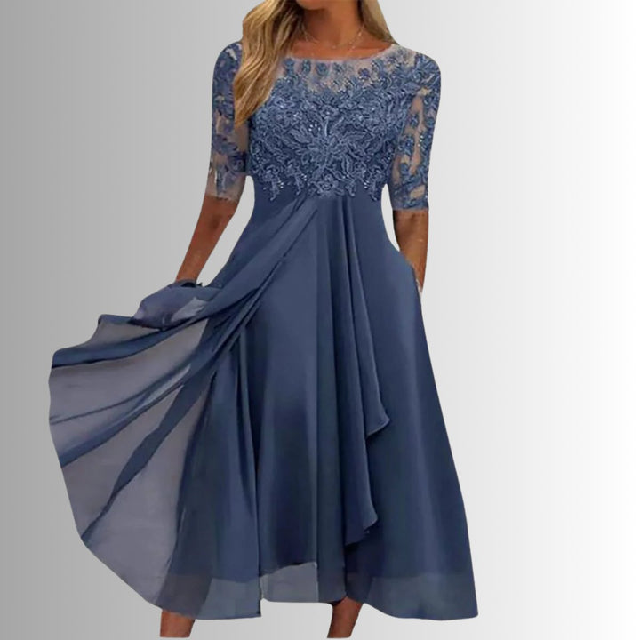Kvinders Elegante Blondekjoler Chiffon Festkjole Halværme - Blå