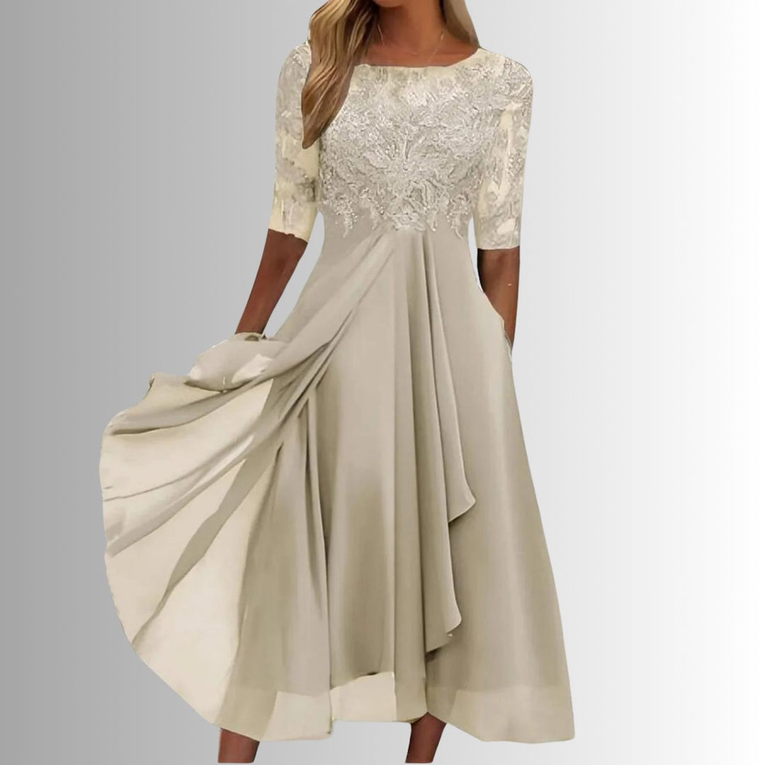 Kvinders Elegante Blondekjoler Chiffon Festkjole Halværme - Creme