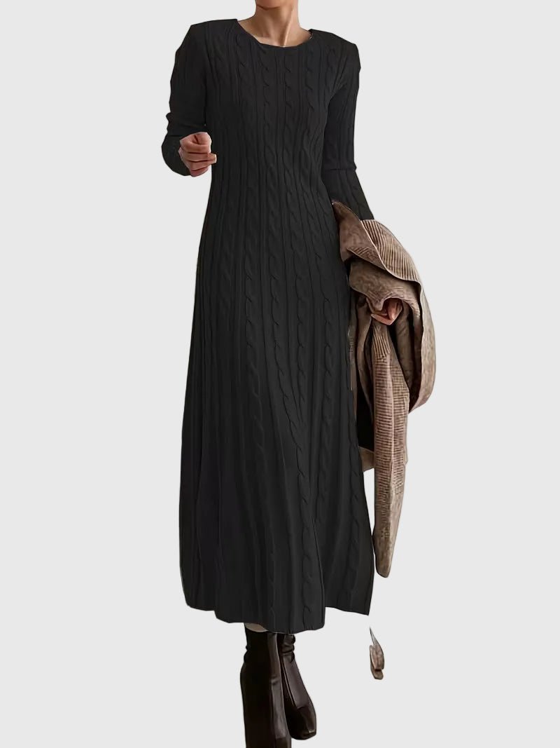 Kvinders Langærmet Kabelstrikket Maxi Kjole Rundhals - Black