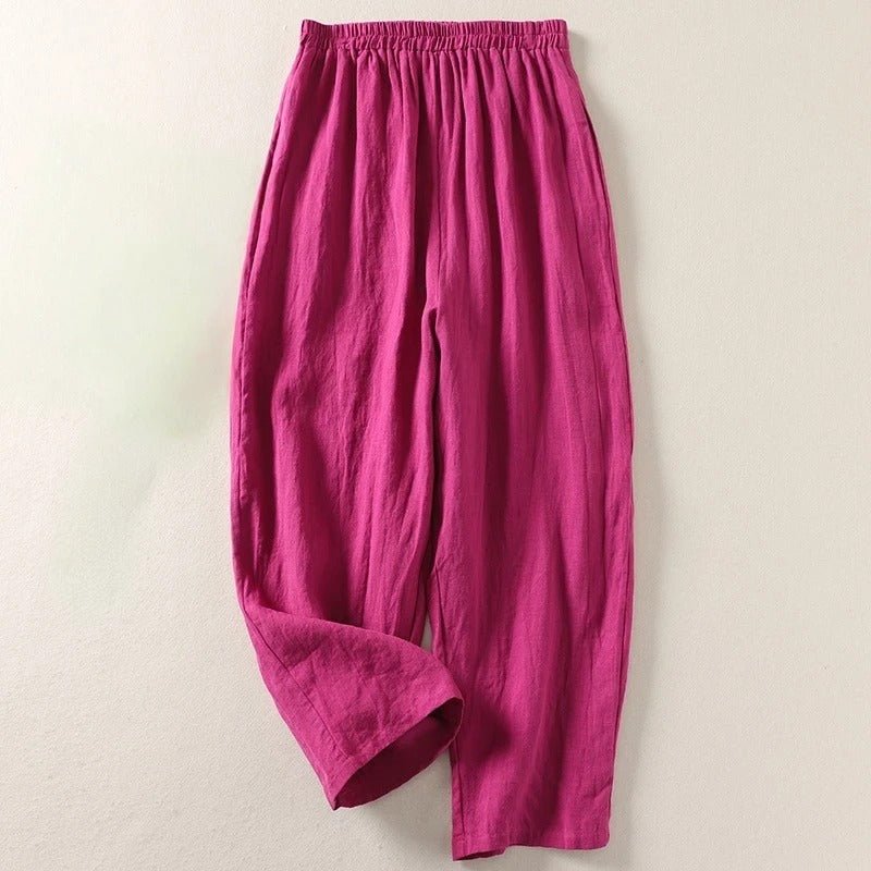 Kvinders Linen Afslappede Elastiktalje Bukser - Pink