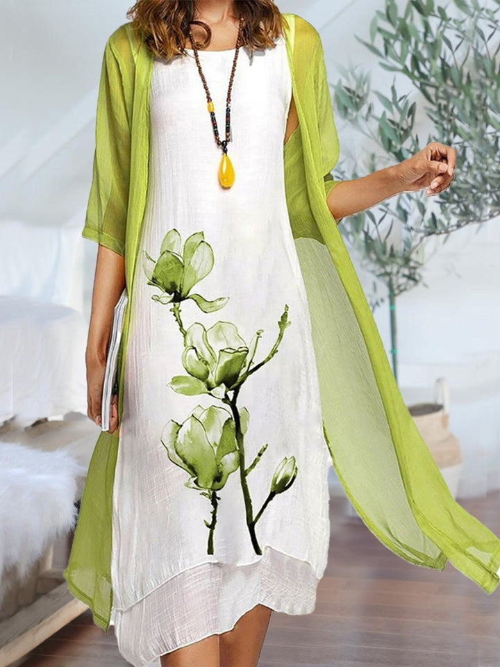 Kvinders Linen Midi Kjole med Chiffon Cardigan Sæt - Light Green