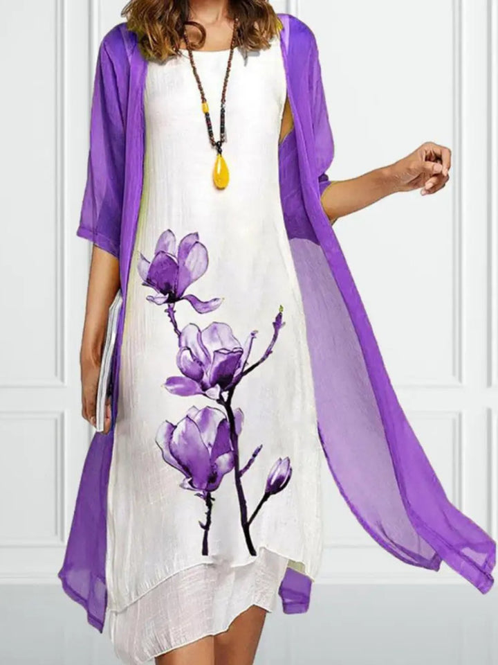 Kvinders Linen Midi Kjole med Chiffon Cardigan Sæt - Purple