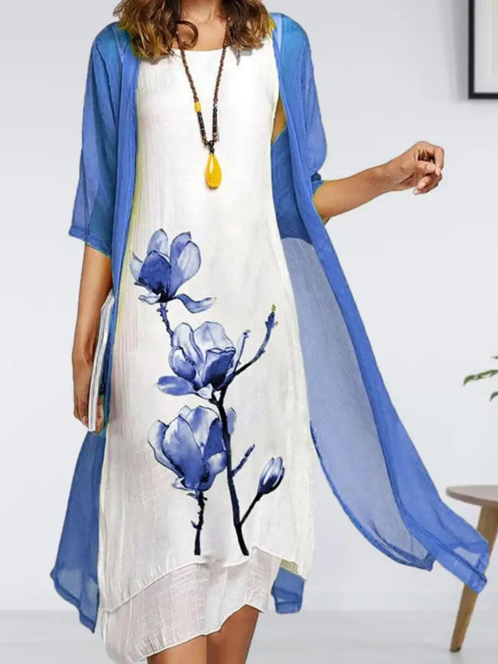 Kvinders Linen Midi Kjole med Chiffon Cardigan Sæt - Blue
