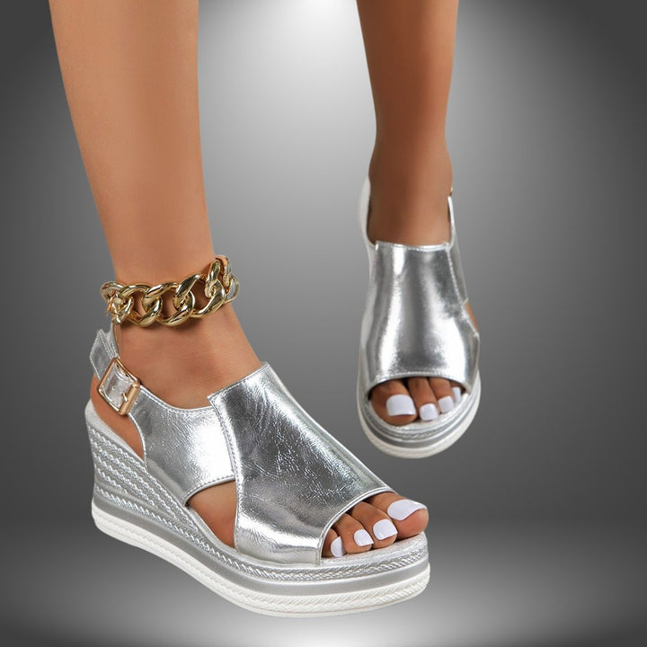 Kvinders Metallic Kilehæl Platform Sandaler Spænde Guldkæde