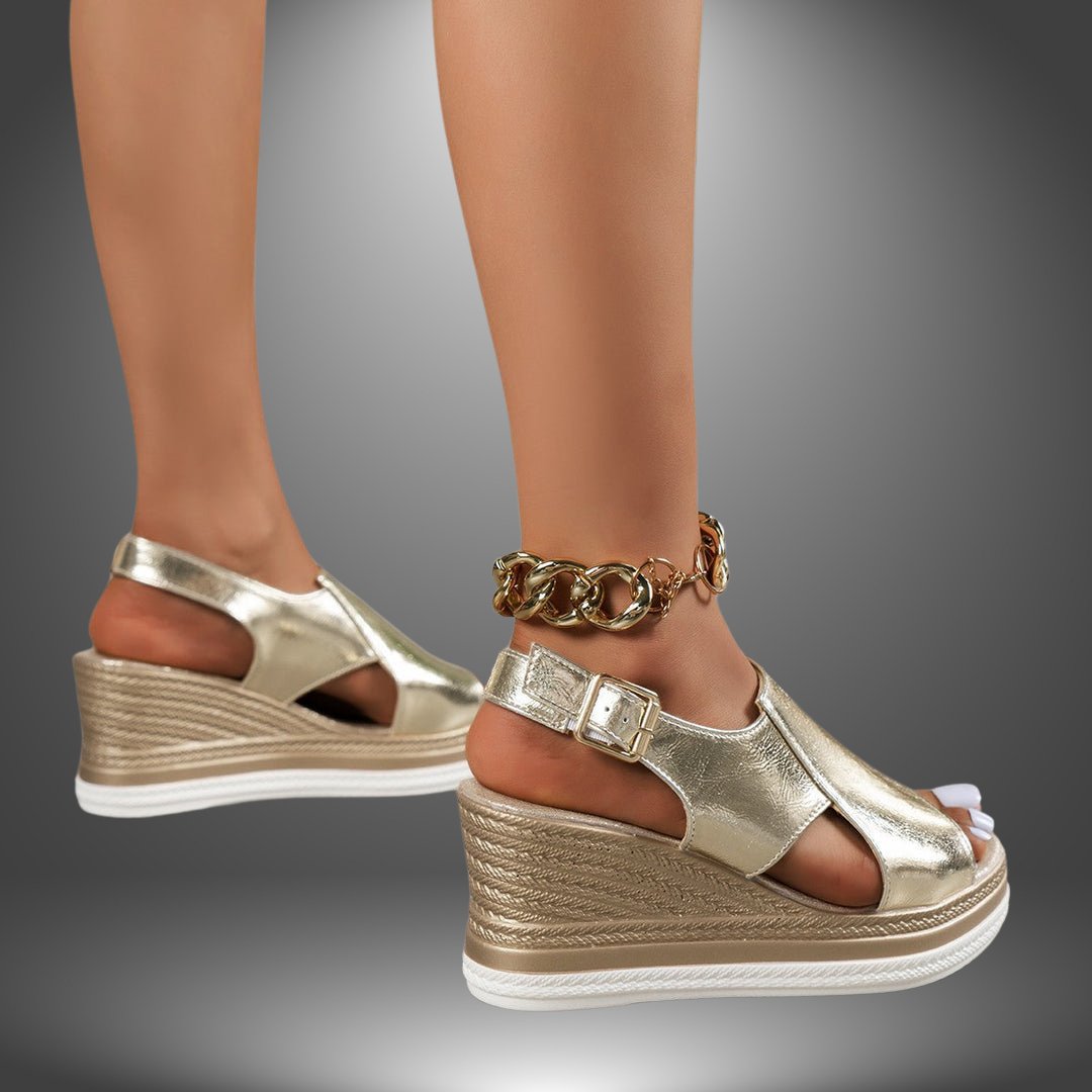 Kvinders Metallic Kilehæl Platform Sandaler Spænde Guldkæde
