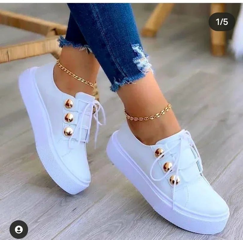 Kvinders Ortopædiske Plateau Sneakers Snørebånd Guldnitter - White (Almost sold out!)