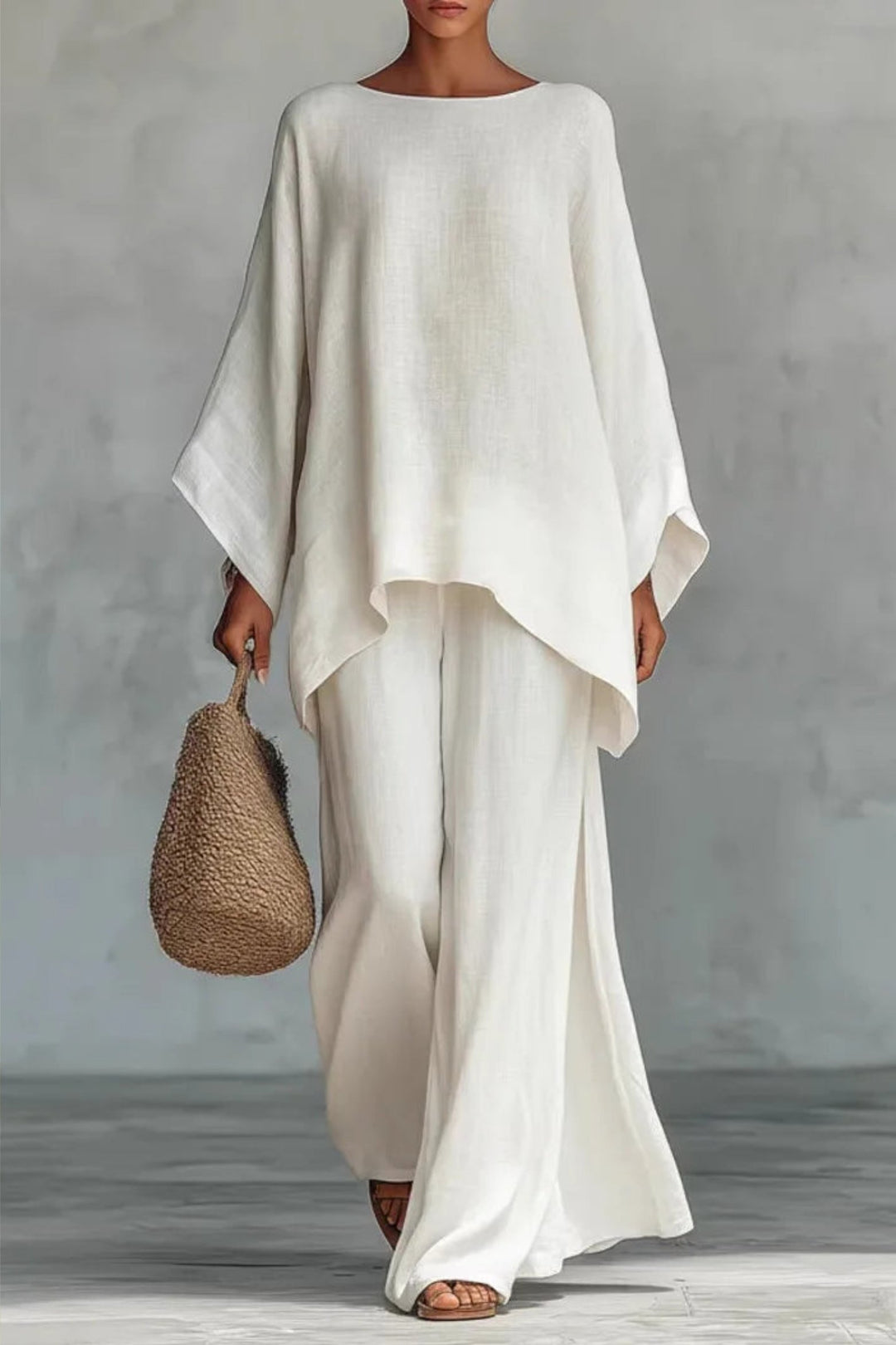 Kvinders Oversized Linned Batwing-Top Wide-Leg Bukser Sæt - White