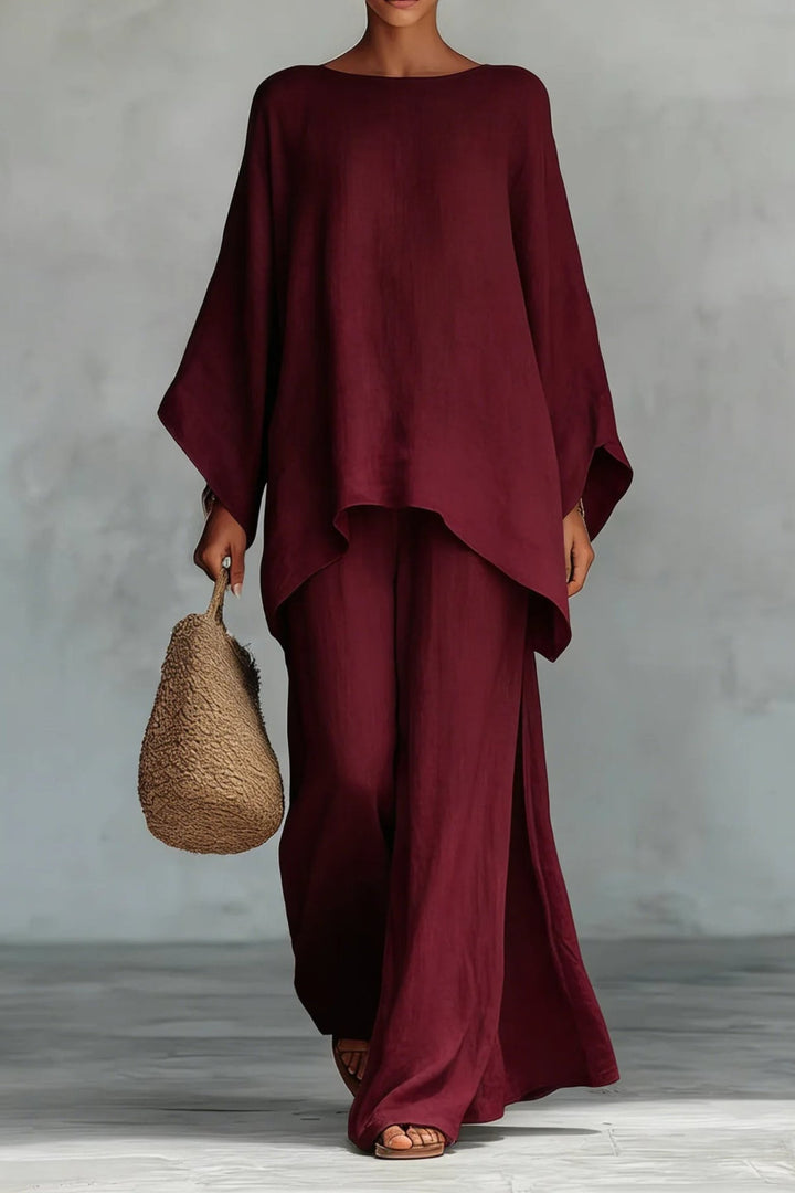 Kvinders Oversized Linned Batwing-Top Wide-Leg Bukser Sæt - Burgundy